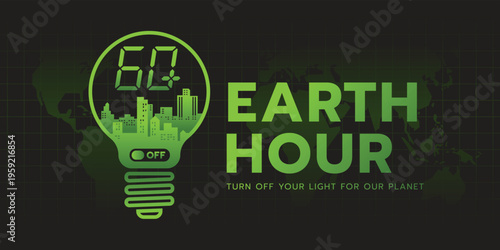 Earth hour, Turn off your light for our planet - green 60 plus minutes in city bulb lamp on world map grid texture background vector design