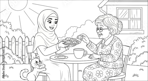 A heartwarming illustration of a Muslim woman and an elderly woman sharing a meal together in a serene backyard setting.