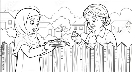 A black and white illustration of two women exchanging food over a fence