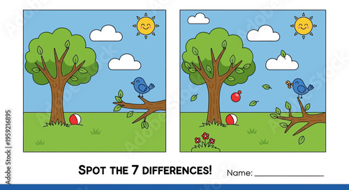 A colorful vector illustration of a spot the differences game for kids featuring two identical scenes with seven hidden differences