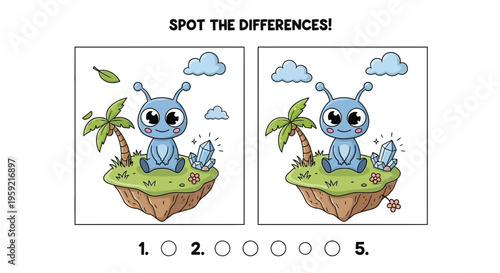 A colorful vector graphic illustration of a spot the differences game featuring a cartoon alien on a floating island