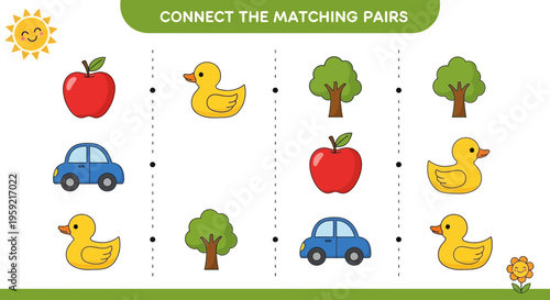 A colorful vector graphic illustration of a children's matching game with cartoon objects