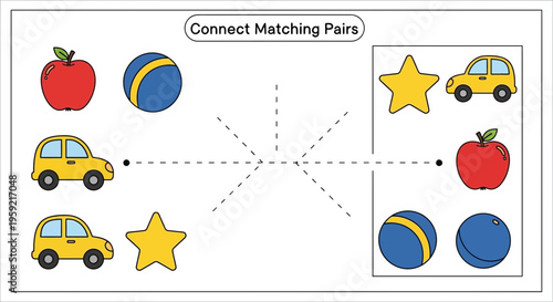 A colorful vector graphic illustrating a children's matching game with various objects