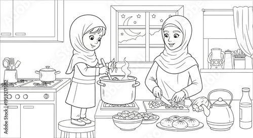 A mother and daughter cooking together in a kitchen, preparing a meal with love and care.
