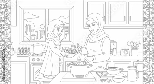 A mother and daughter cooking together in a modern kitchen with a city view