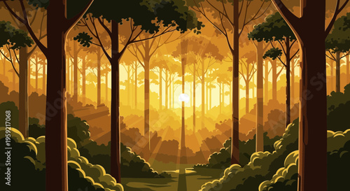 A serene forest landscape at sunset with tall trees and lush greenery in a vibrant vector illustration
