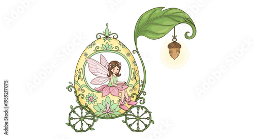 Whimsical fairy tale scene with a young girl in a magical carriage