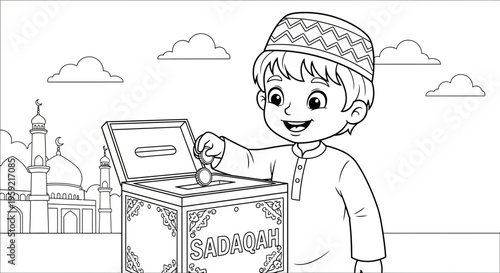 A smiling young boy in traditional attire putting money into a Sadaqah box with a mosque in the background