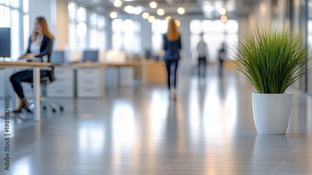 Fototapeta premium Blurred open space motion of people walking in modern office hallway with glass walls and bright overhead lights, conveying business activity.