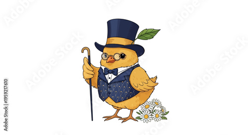 Whimsical owl character donning a top hat and cane with a small bird companion