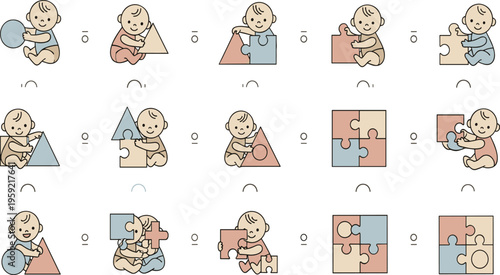 Cute Baby Playing Shape Puzzle Vector Set with Infant Learning Activities, Geometric Blocks Matching Game Illustration for Early Childhood Education and Nursery Design.