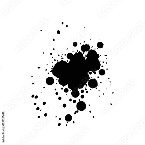 Black ink splatter collection isolated on white background. Abstract paint splash set with various shapes and textures, suitable for grunge design, artistic backgrounds, overlays, and creative graphic