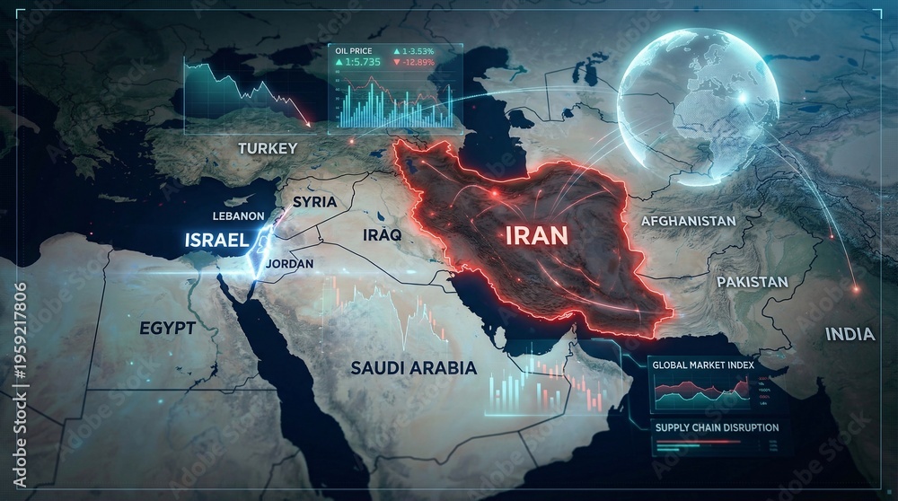 Obraz premium Digital map highlighting iran and middle east with global market and oil price indicators