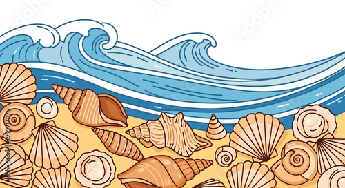 Schilderij op canvas A colorful vector illustration of seashells on a sandy beach with ocean waves