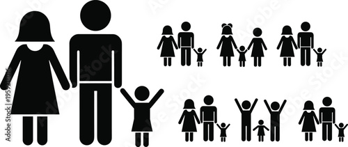 Happy Family Stick Figure Silhouette Icon Set Featuring Parents and Children in Various Poses for Web Design and Modern Infographic Projects