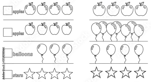 A vector graphic illustration of a worksheet for children to practice counting objects including apples, balloons, and stars.