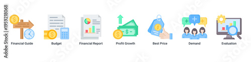 Financial Insight web banner icon vector illustration featuring Financial Guide,Budget,Financial Report,Profit Growth,Best Price,Demand,and Evaluation