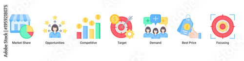 Market Intelligence web banner icon vector illustration with Market Share,Opportunities,Competitive,Target,Demand,Best Price,and Focusing