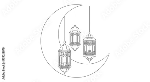 A minimalist line art illustration of three hanging lanterns suspended from a crescent moon on a white background