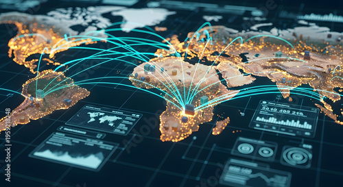 Futuristic global network connection map with data communication and logistics tracking