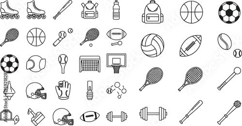 Large collection of black line sports icons featuring school athletics equipment for basketball football soccer tennis and roller skating isolated on white background vector