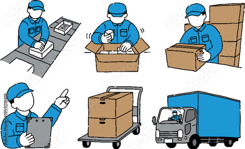製造した荷物を運ぶ作業着姿の男性のイラスト素材