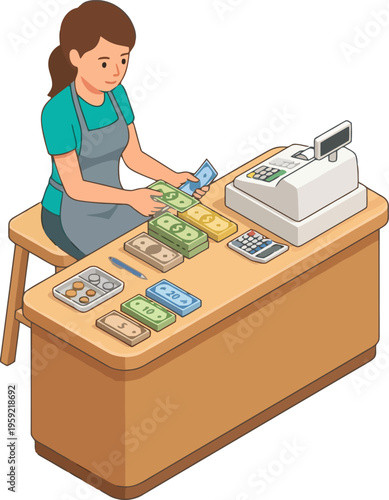 Isometric female cashier counting paper money at register