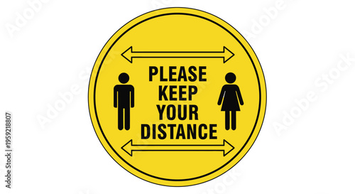 Yellow social distancing sign with two human figures and arrows
