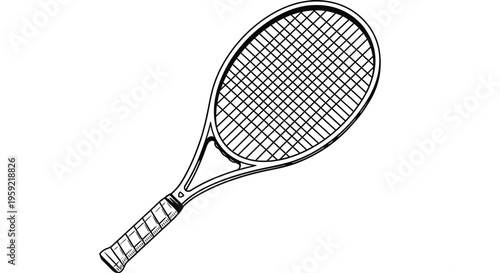 Classic black and white vector illustration graphic of a tennis racket ready for a powerful serve or volley
