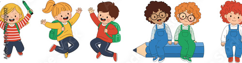 Happy School Kids Vector Set with Backpacks, Jumping, and Posing with Pencils for Education, Learning, and Playful Designs