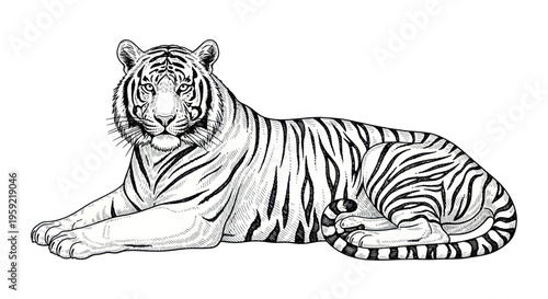 Majestic Tiger Lying Down, Black and White Ink Drawing, Wildlife Art