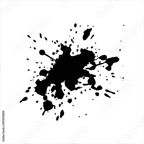 Black ink splatter collection isolated on white background. Abstract paint splash set with various shapes and textures, suitable for grunge design, artistic backgrounds, overlays, and creative graphic
