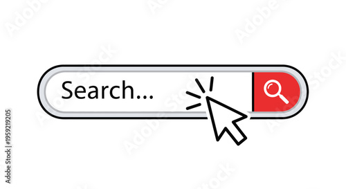 Vector graphic illustration of a minimalist search bar interface with a clicking cursor icon ready to initiate a query