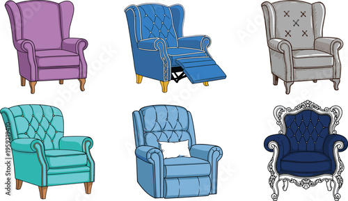Elegant Armchair Vector Set with Different Styles and Upholstery Designs for Furniture, Home Decor, and Interior Design Projects