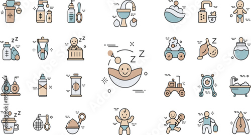 Baby Care Routine Icons Vector Set with Infant Feeding Bathing Sleeping Hygiene Activities, Newborn Daily Life Illustration for Nursery Design and Parenting Graphics.