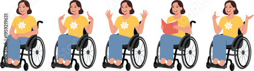 Woman in wheelchair character set with different gestures, smiling disabled female reading and communicating, inclusive lifestyle healthcare vector illustration isolated on white background