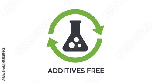 Vector illustration graphic featuring a chemical flask with bubbles encircled by green arrows, signifying an 'additives free' product or process design.