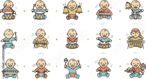Cute Baby Playing Musical Instruments Vector Set with Infant Characters Drumming, Xylophone, Singing and Music Activities Illustration for Nursery Design and Kids Graphics.