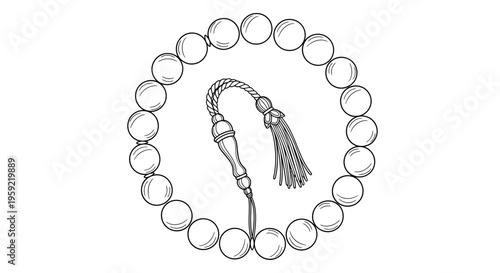 A minimalist line art illustration of a mala bead necklace with tassel
