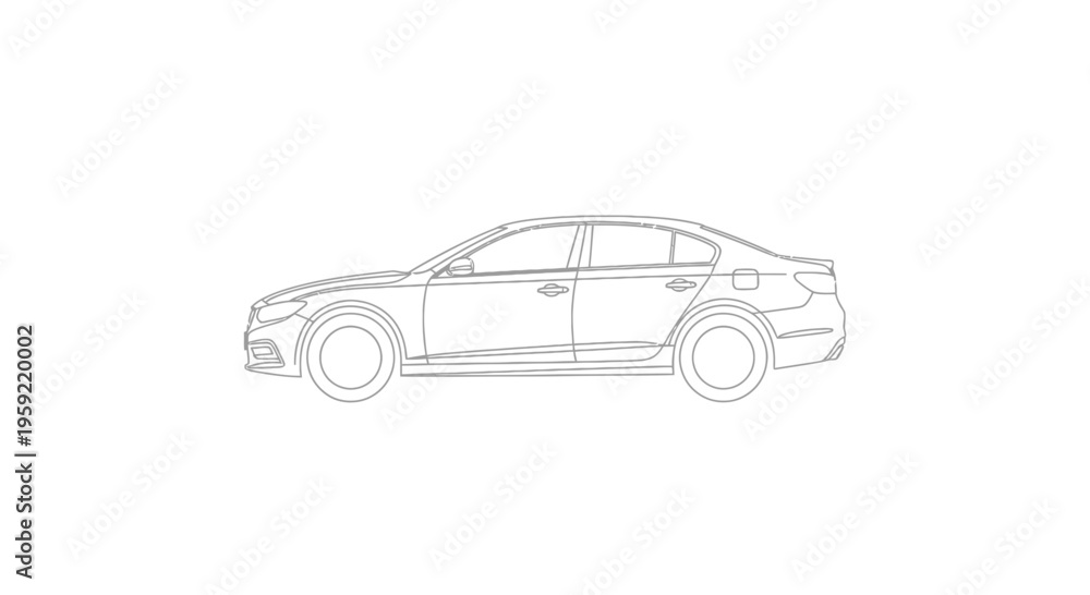 Fototapeta premium Outline drawing of a modern sedan car, side view, minimalist vehicle illustration