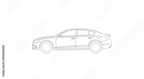 Outline drawing of a modern sedan car, side view, minimalist vehicle illustration