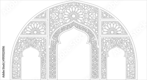 A detailed vector illustration of an ornate archway with floral patterns