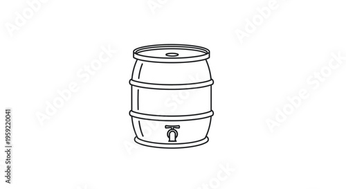 Outline Drawing of a Wooden Beer Keg with Tap, Isolated on White Background