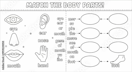 A black and white vector graphic illustration of a children's educational worksheet designed to match body parts with their corresponding names
