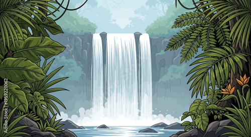 A serene vector illustration of a tropical waterfall surrounded by lush greenery