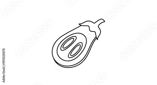 Outline of a sliced eggplant showing seeds and texture, isolated on white background