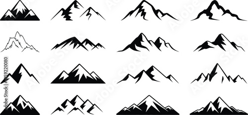 Mountain silhouette set vector collection, black peak icons, alpine landscape elements, abstract nature shapes for logos, outdoor adventure branding, travel and wilderness design