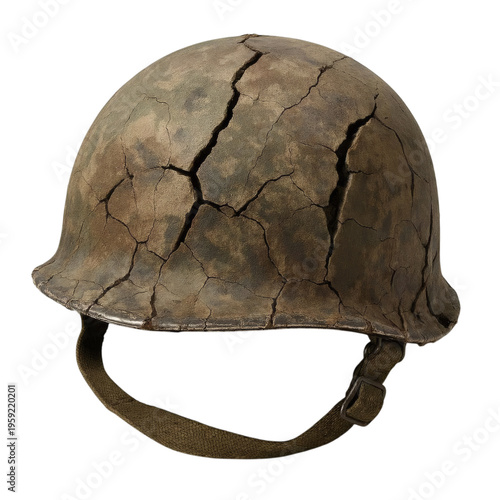 Cracked Military Helmet Damage Combat Protection Failure Concept Isolated Transparent Background.