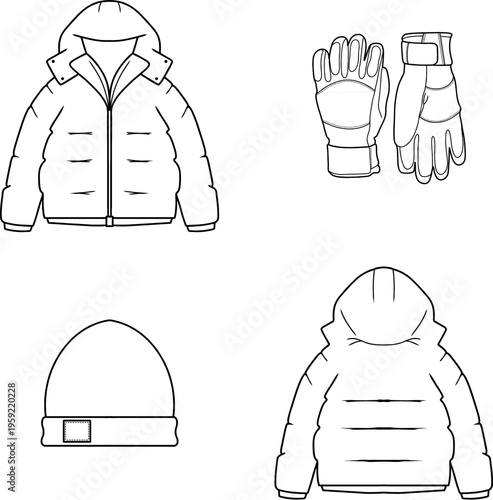Winter Puffer Jacket Gloves and Beanie Hat Technical Flat Sketch Vector Set