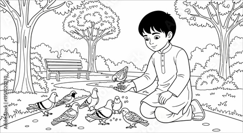 A young boy feeding birds in a serene park setting with trees and a bench